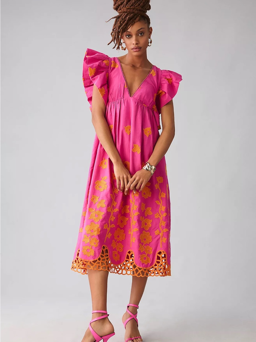 By Anthropologie V-Neck Ruffle-Sleeve Babydoll Dress in pink and orange